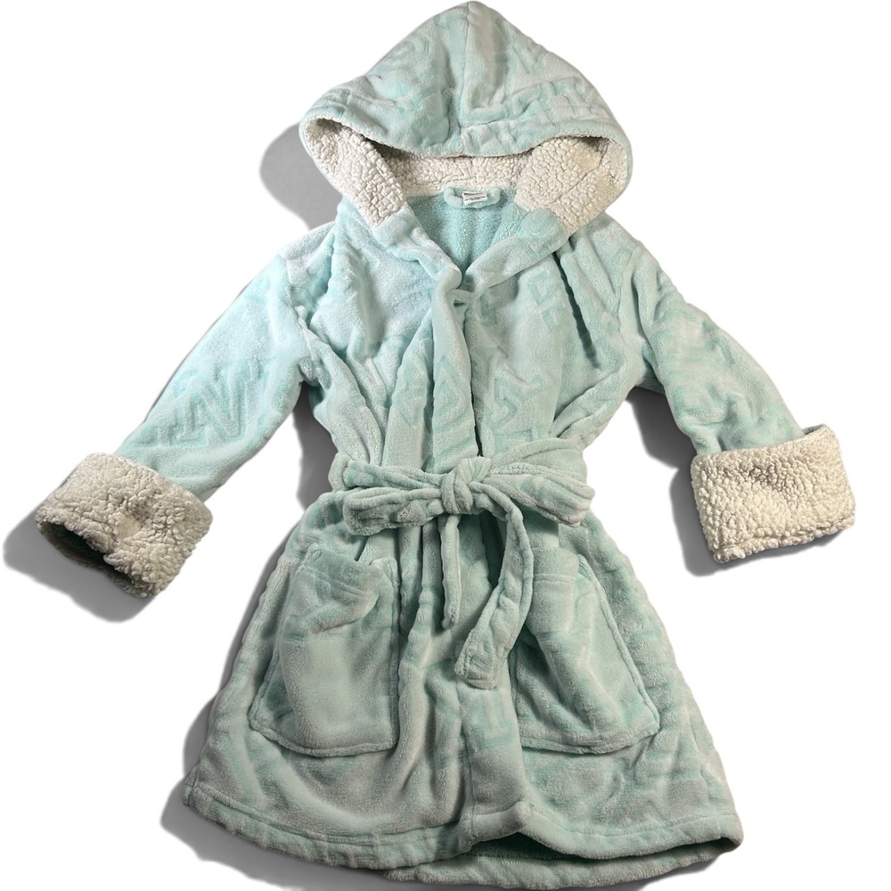 Victorias Secret PINK Plush Fleece Robe ML Mint Green Sherpa Hood Fluffy Belted - Picture 2 of 14